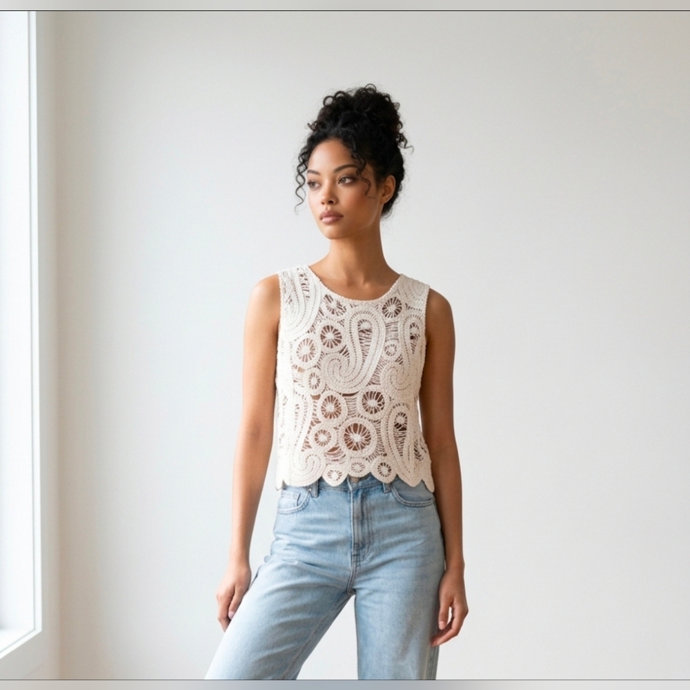 Ultra Pink Ivory Crochet Paisley Lace Crop Top Tank Boho Festival Cottagecore